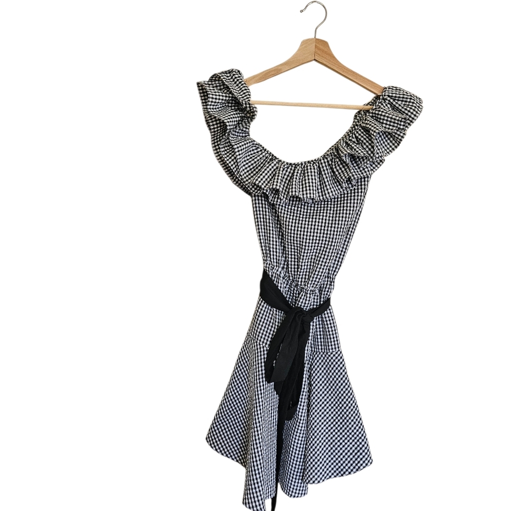 MLM Label Small Black and White Gingham Off-Shoulder Dress Preppy Minimalist